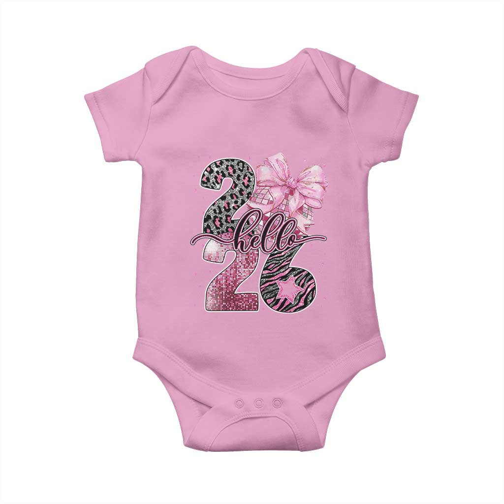 Happy New Year 2026 Baby Onesie Hello 2026 Disco Ball Pink Coquette Bow Faux Glitter - Wonder Print Shop