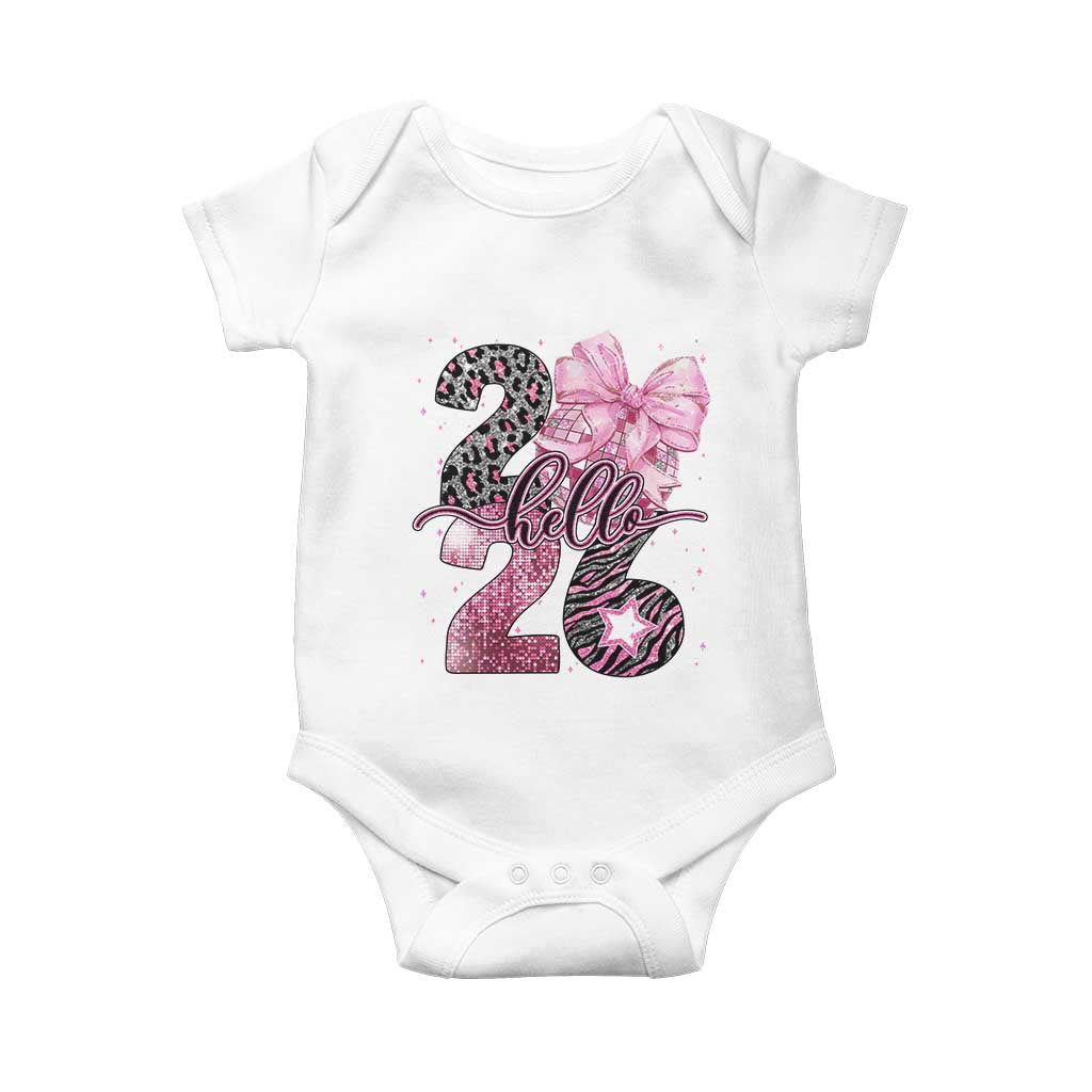 Happy New Year 2026 Baby Onesie Hello 2026 Disco Ball Pink Coquette Bow Faux Glitter - Wonder Print Shop