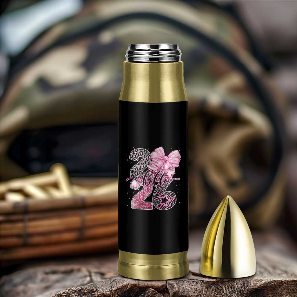 Happy New Year 2026 Bullet Tumbler Hello 2026 Disco Ball Pink Coquette Bow Faux Glitter - Wonder Print Shop