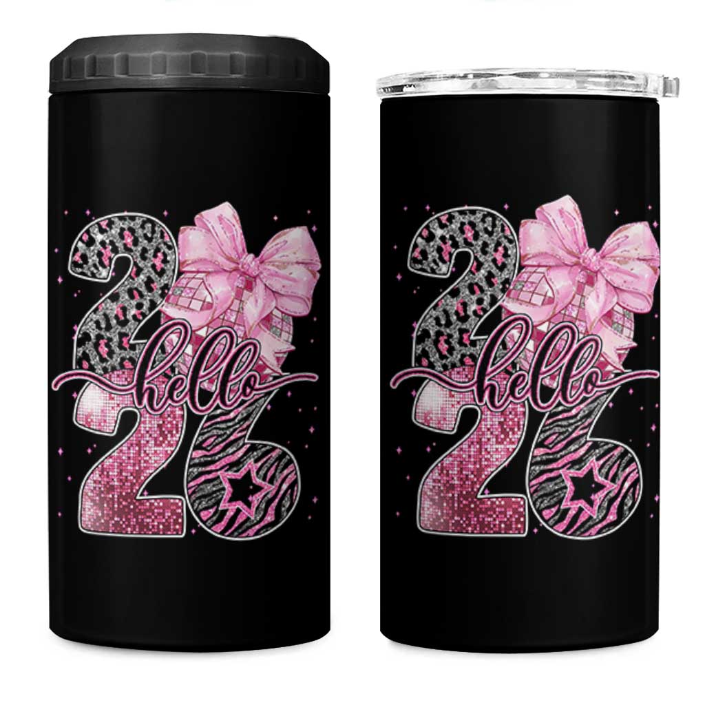Happy New Year 2026 4 in 1 Can Cooler Tumbler Hello 2026 Disco Ball Pink Coquette Bow Faux Glitter - Wonder Print Shop