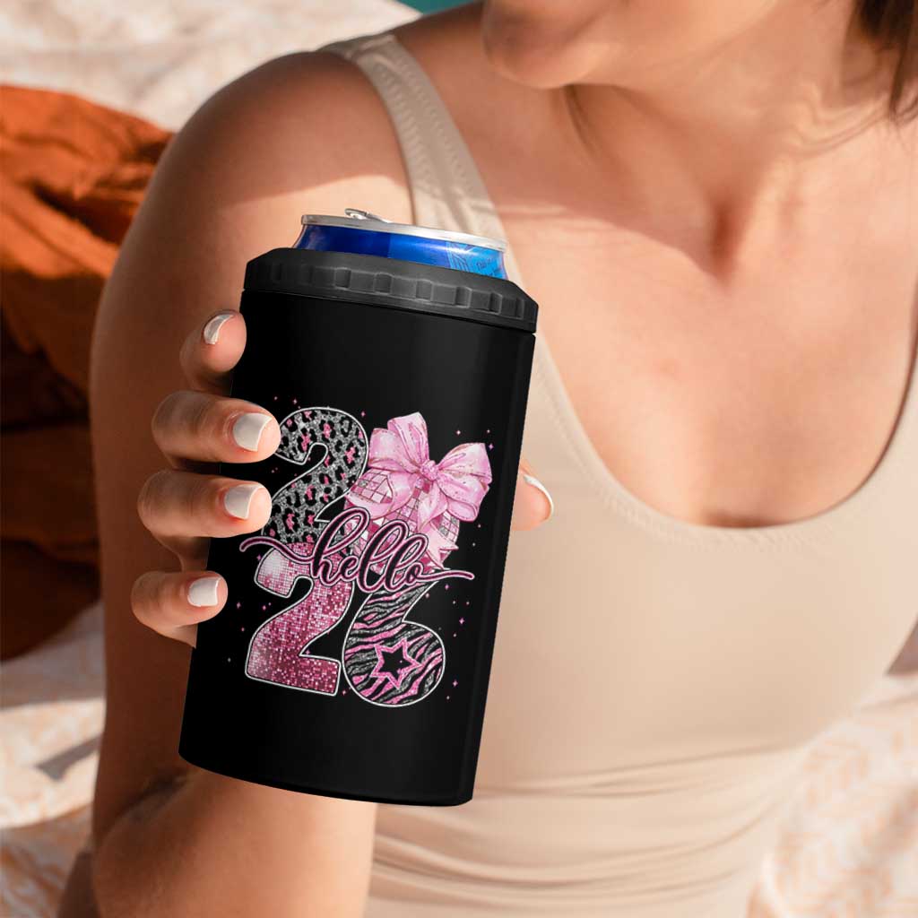 Happy New Year 2026 4 in 1 Can Cooler Tumbler Hello 2026 Disco Ball Pink Coquette Bow Faux Glitter - Wonder Print Shop