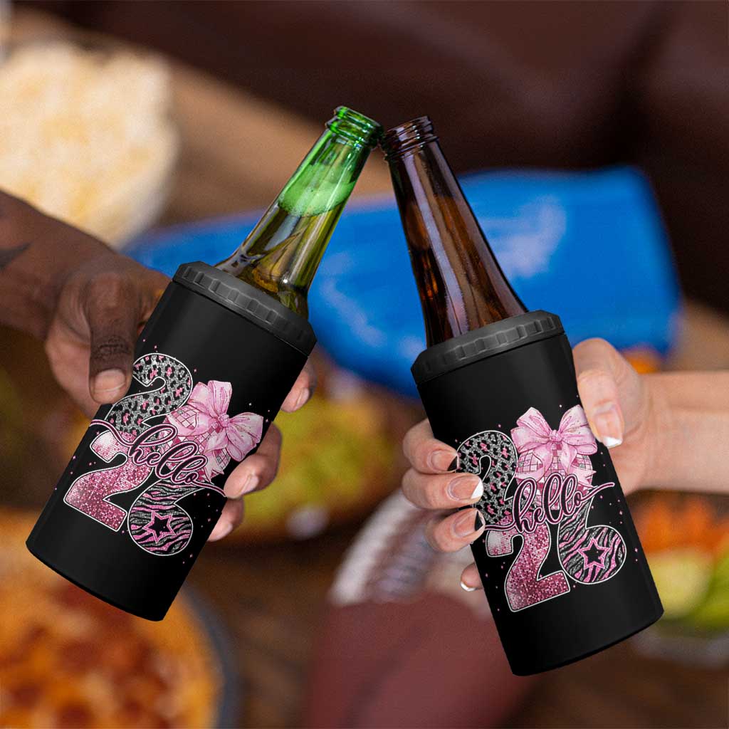 Happy New Year 2026 4 in 1 Can Cooler Tumbler Hello 2026 Disco Ball Pink Coquette Bow Faux Glitter - Wonder Print Shop