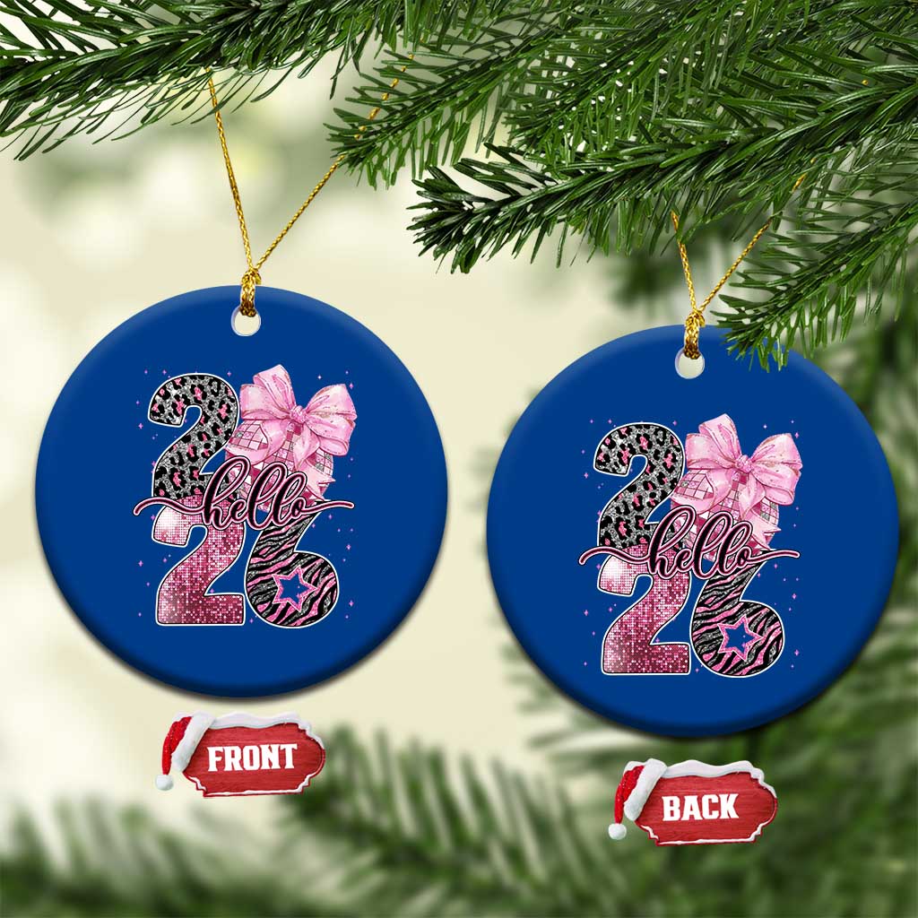 Happy New Year 2026 Ceramic Ornament Hello 2026 Disco Ball Pink Coquette Bow Faux Glitter - Wonder Print Shop
