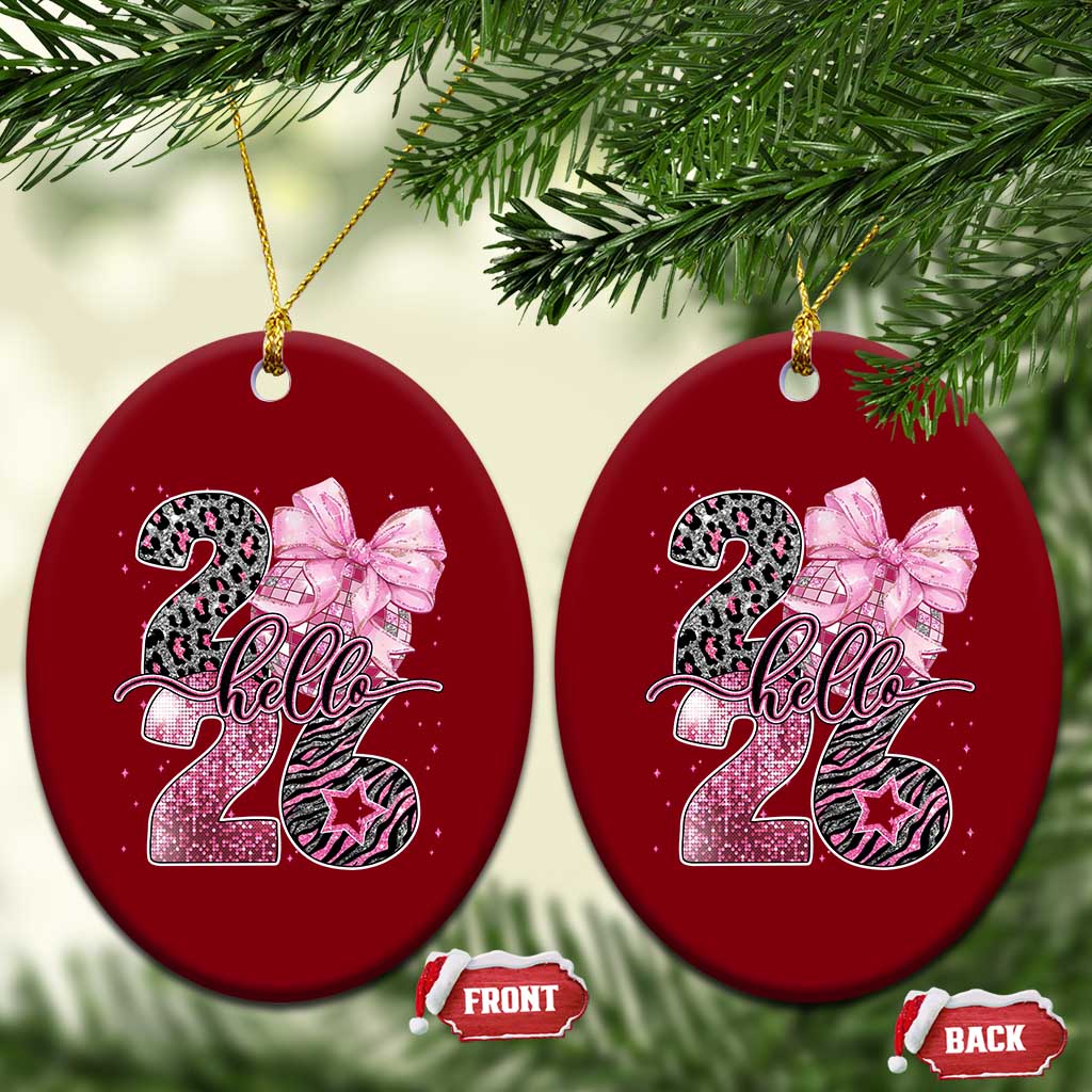 Happy New Year 2026 Ceramic Ornament Hello 2026 Disco Ball Pink Coquette Bow Faux Glitter - Wonder Print Shop