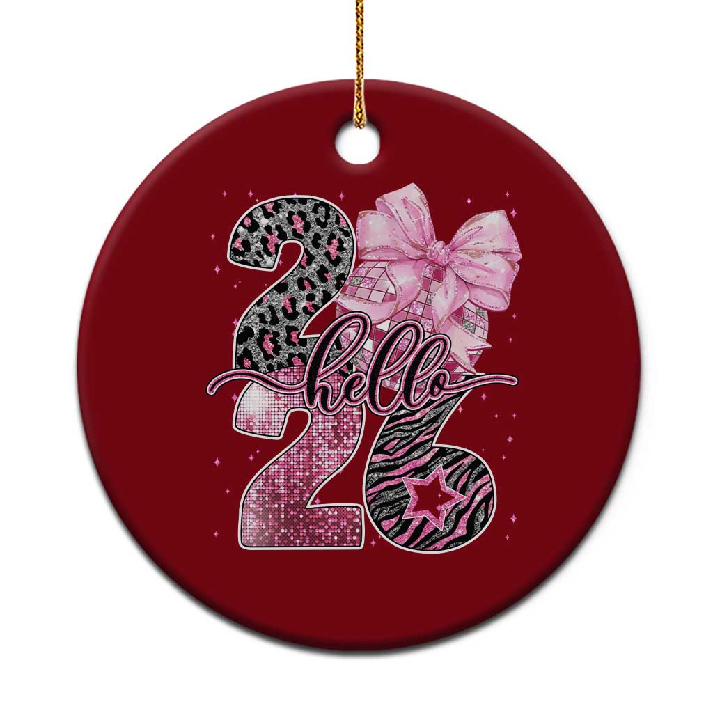 Happy New Year 2026 Ceramic Ornament Hello 2026 Disco Ball Pink Coquette Bow Faux Glitter - Wonder Print Shop