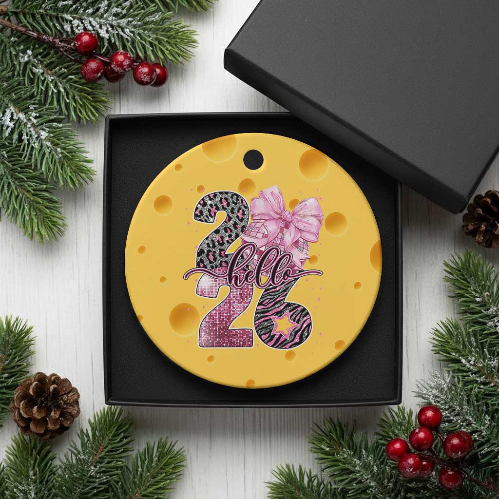 Happy New Year 2026 Ceramic Ornament Hello 2026 Disco Ball Pink Coquette Bow Faux Glitter - Wonder Print Shop