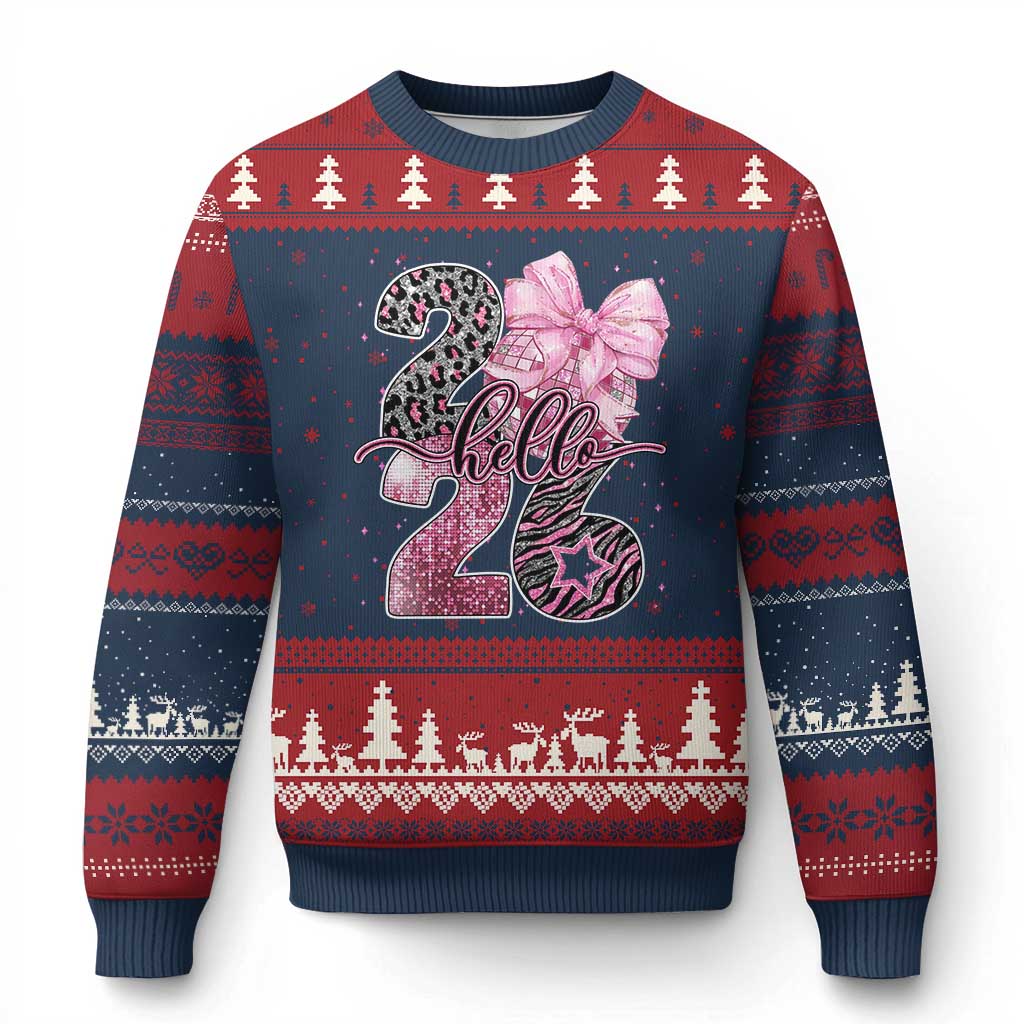 Happy New Year 2026 Ugly Christmas Sweater Hello 2026 Disco Ball Pink Coquette Bow Faux Glitter - Wonder Print Shop