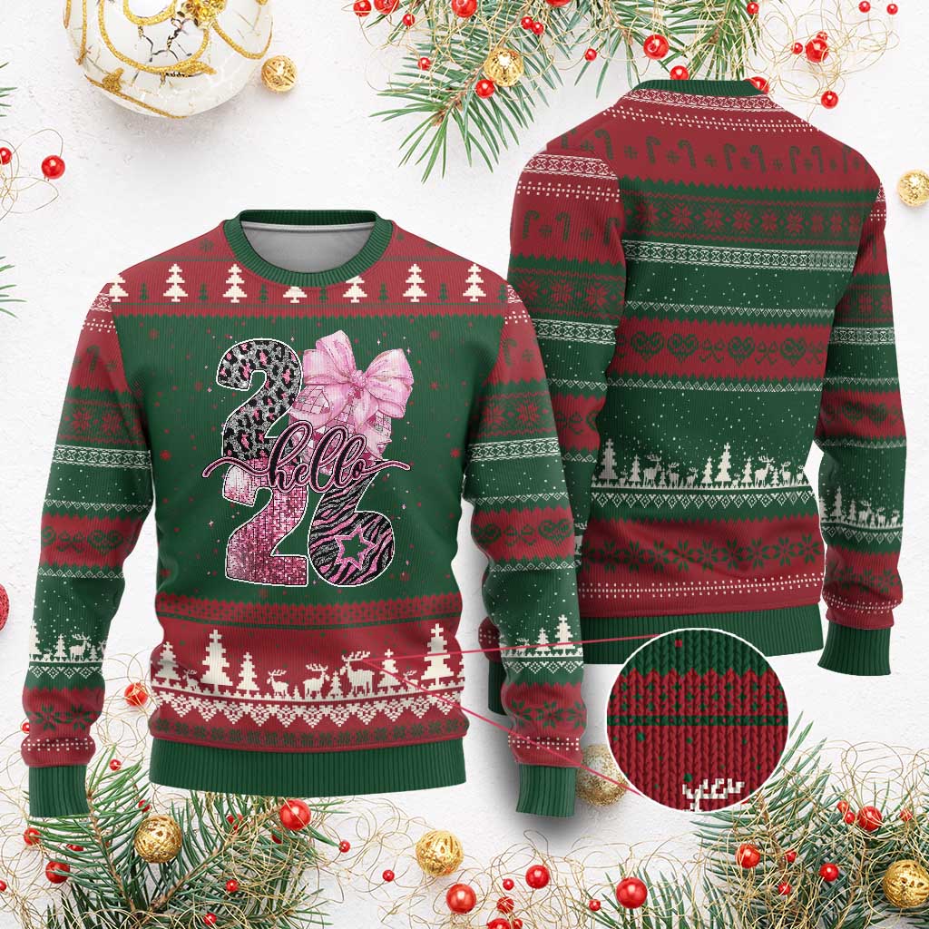 Happy New Year 2026 Ugly Christmas Sweater Hello 2026 Disco Ball Pink Coquette Bow Faux Glitter - Wonder Print Shop
