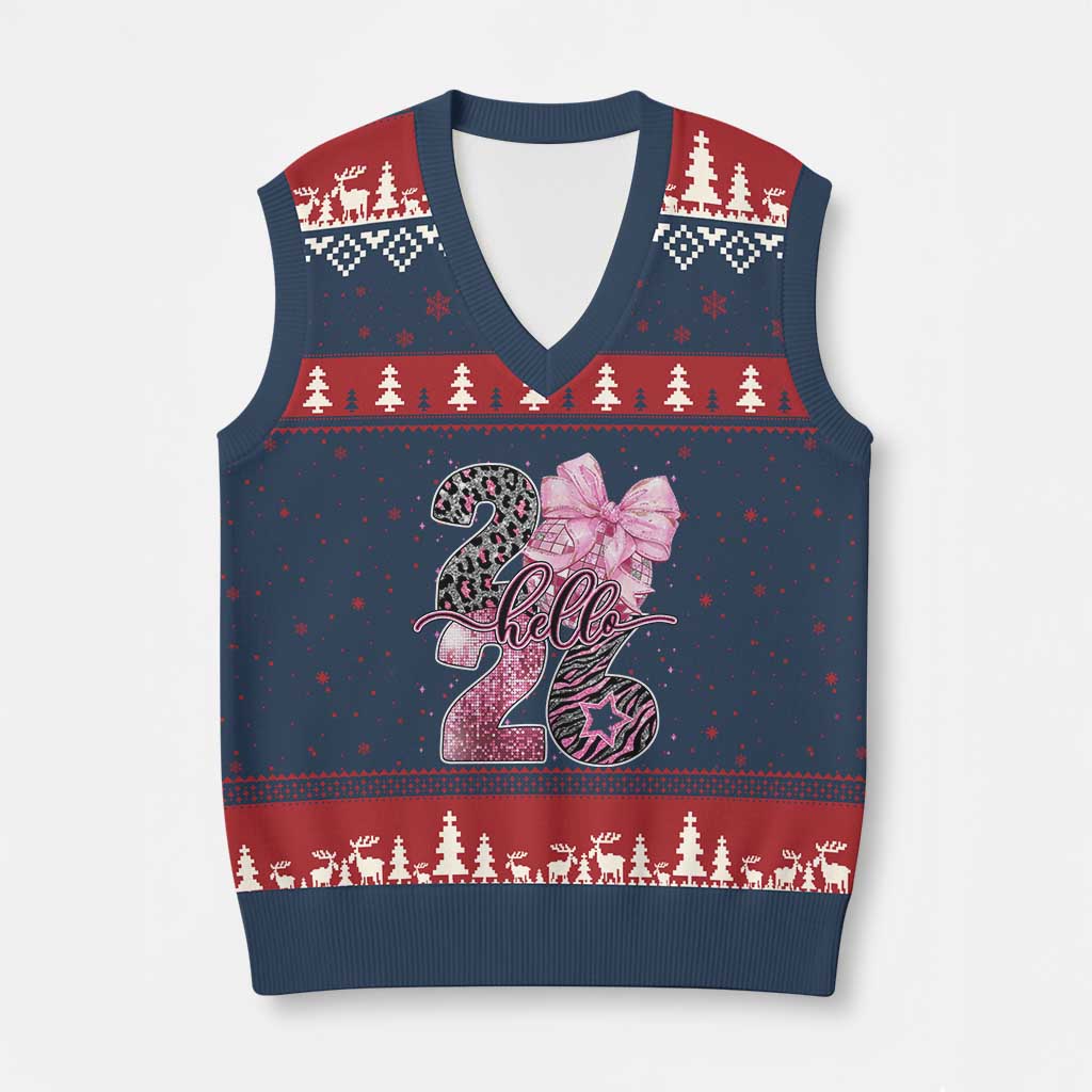 Happy New Year 2026 V-Neck Knit Sweater Vest Hello 2026 Disco Ball Pink Coquette Bow Faux Glitter - Wonder Print Shop