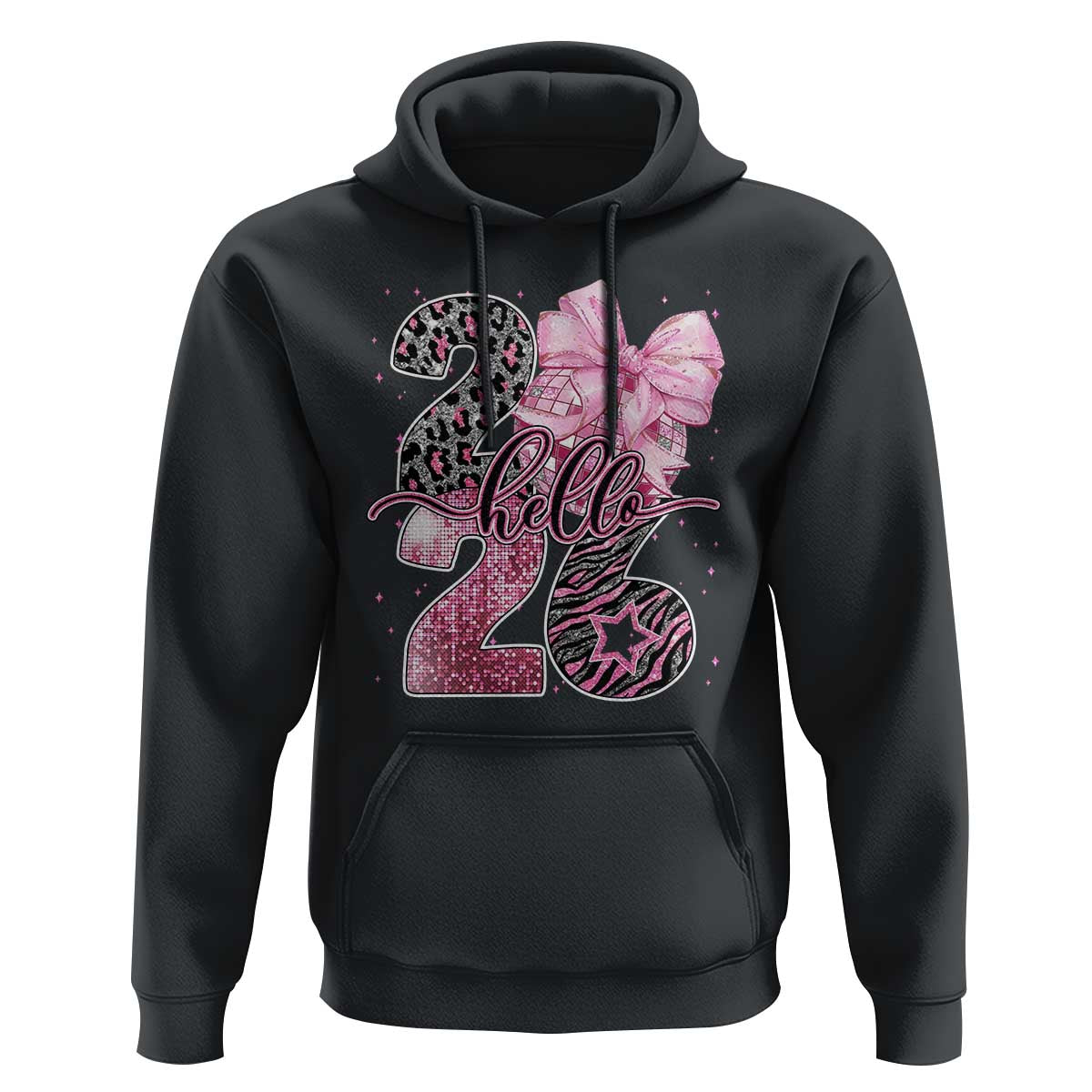 Happy New Year 2026 Hoodie Hello 2026 Disco Ball Pink Coquette Bow Faux Glitter - Wonder Print Shop