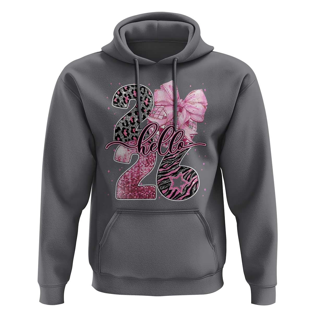 Happy New Year 2026 Hoodie Hello 2026 Disco Ball Pink Coquette Bow Faux Glitter - Wonder Print Shop