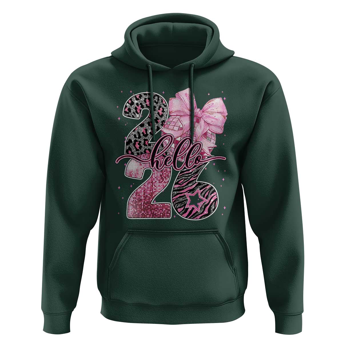 Happy New Year 2026 Hoodie Hello 2026 Disco Ball Pink Coquette Bow Faux Glitter - Wonder Print Shop