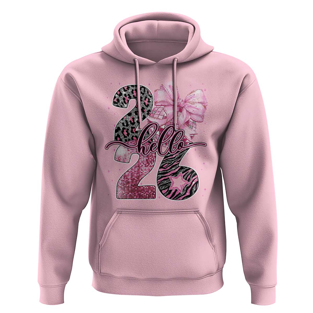 Happy New Year 2026 Hoodie Hello 2026 Disco Ball Pink Coquette Bow Faux Glitter - Wonder Print Shop