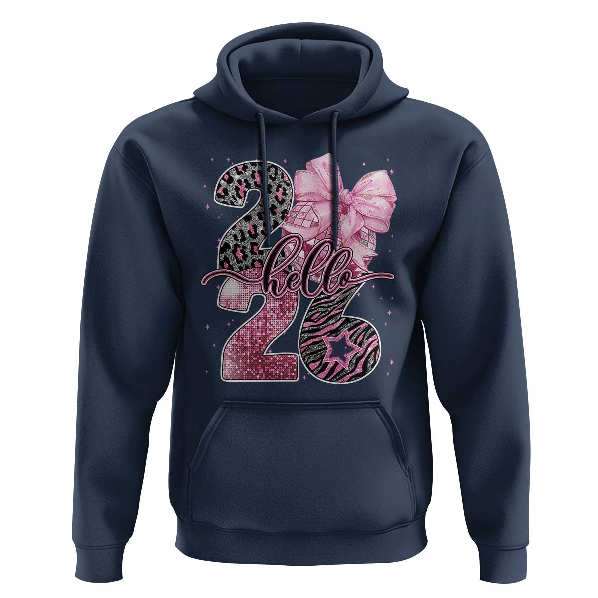 Happy New Year 2026 Hoodie Hello 2026 Disco Ball Pink Coquette Bow Faux Glitter - Wonder Print Shop