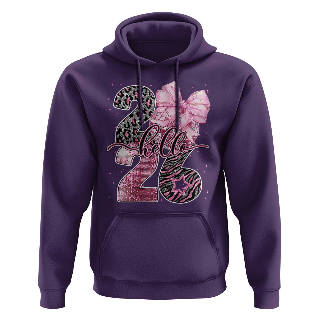 Happy New Year 2026 Hoodie Hello 2026 Disco Ball Pink Coquette Bow Faux Glitter - Wonder Print Shop