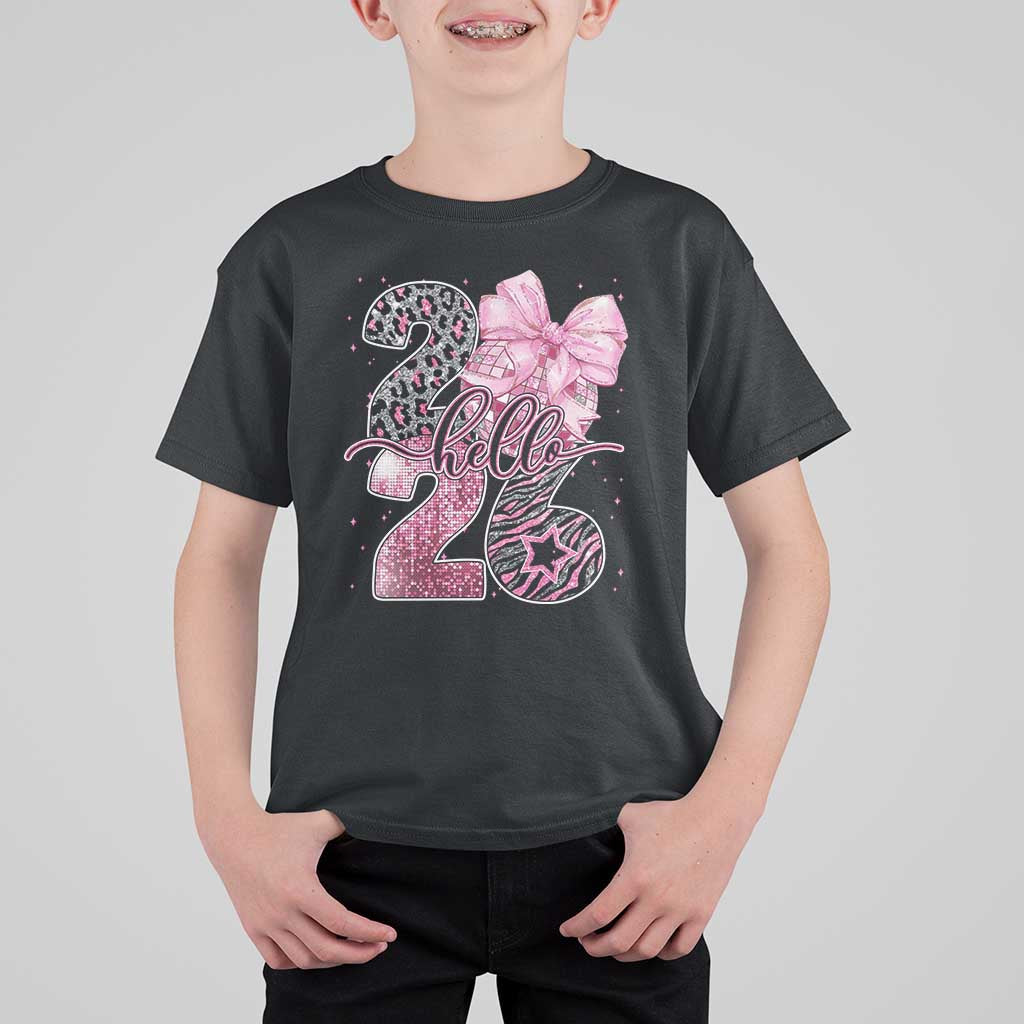 Happy New Year 2026 T Shirt For Kid Hello 2026 Disco Ball Pink Coquette Bow Faux Glitter - Wonder Print Shop