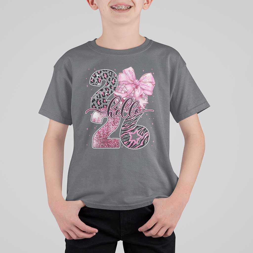 Happy New Year 2026 T Shirt For Kid Hello 2026 Disco Ball Pink Coquette Bow Faux Glitter - Wonder Print Shop