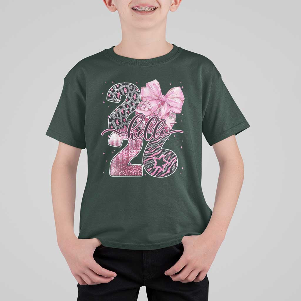 Happy New Year 2026 T Shirt For Kid Hello 2026 Disco Ball Pink Coquette Bow Faux Glitter - Wonder Print Shop