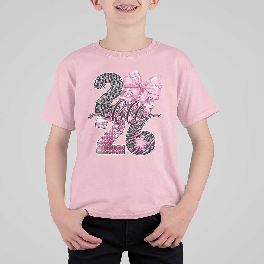 Happy New Year 2026 T Shirt For Kid Hello 2026 Disco Ball Pink Coquette Bow Faux Glitter - Wonder Print Shop