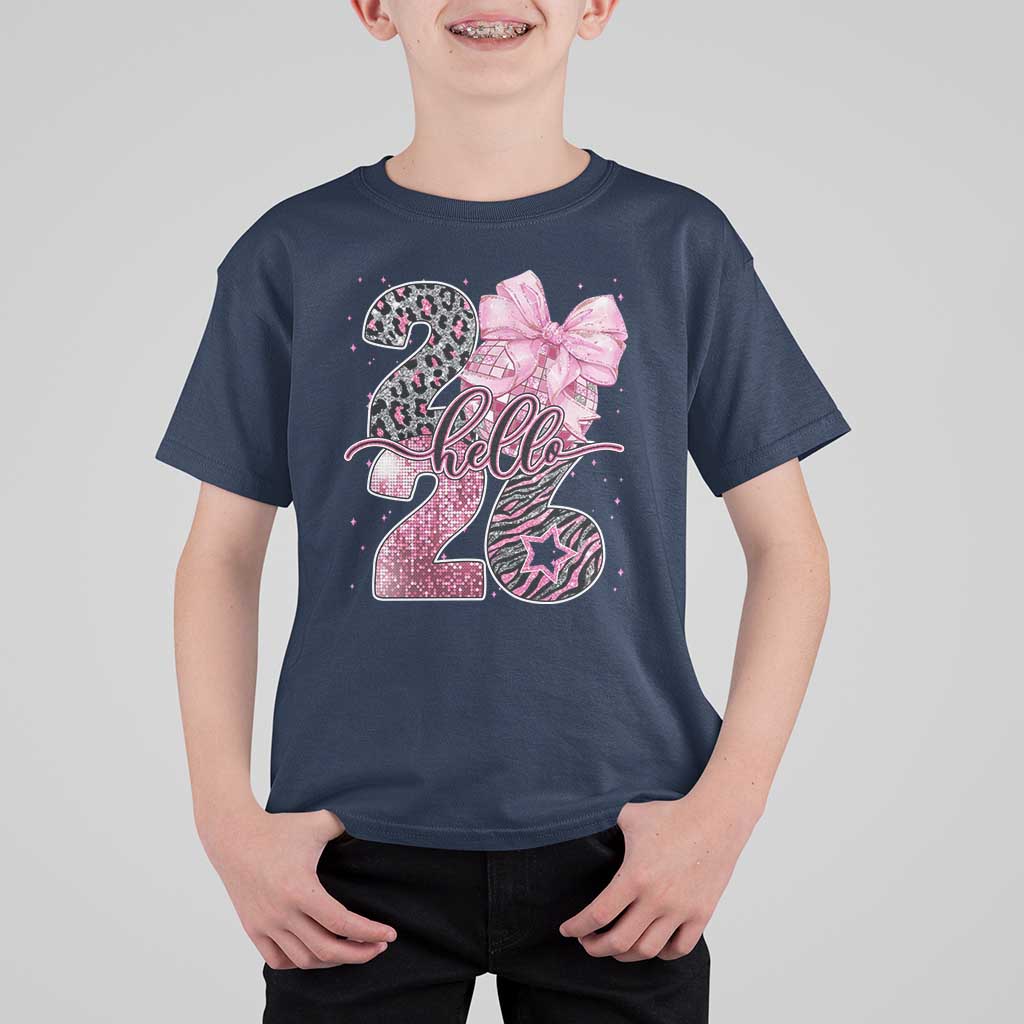 Happy New Year 2026 T Shirt For Kid Hello 2026 Disco Ball Pink Coquette Bow Faux Glitter - Wonder Print Shop
