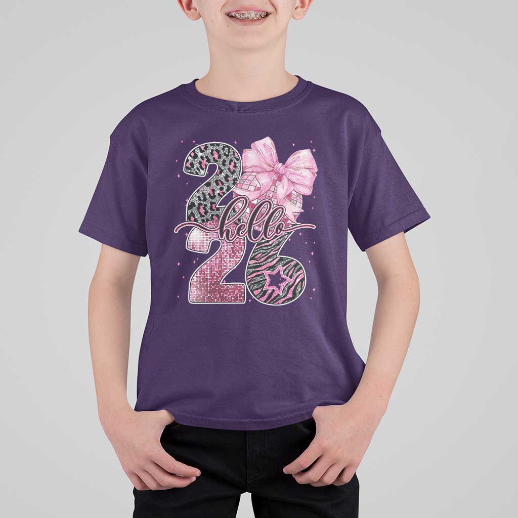 Happy New Year 2026 T Shirt For Kid Hello 2026 Disco Ball Pink Coquette Bow Faux Glitter - Wonder Print Shop