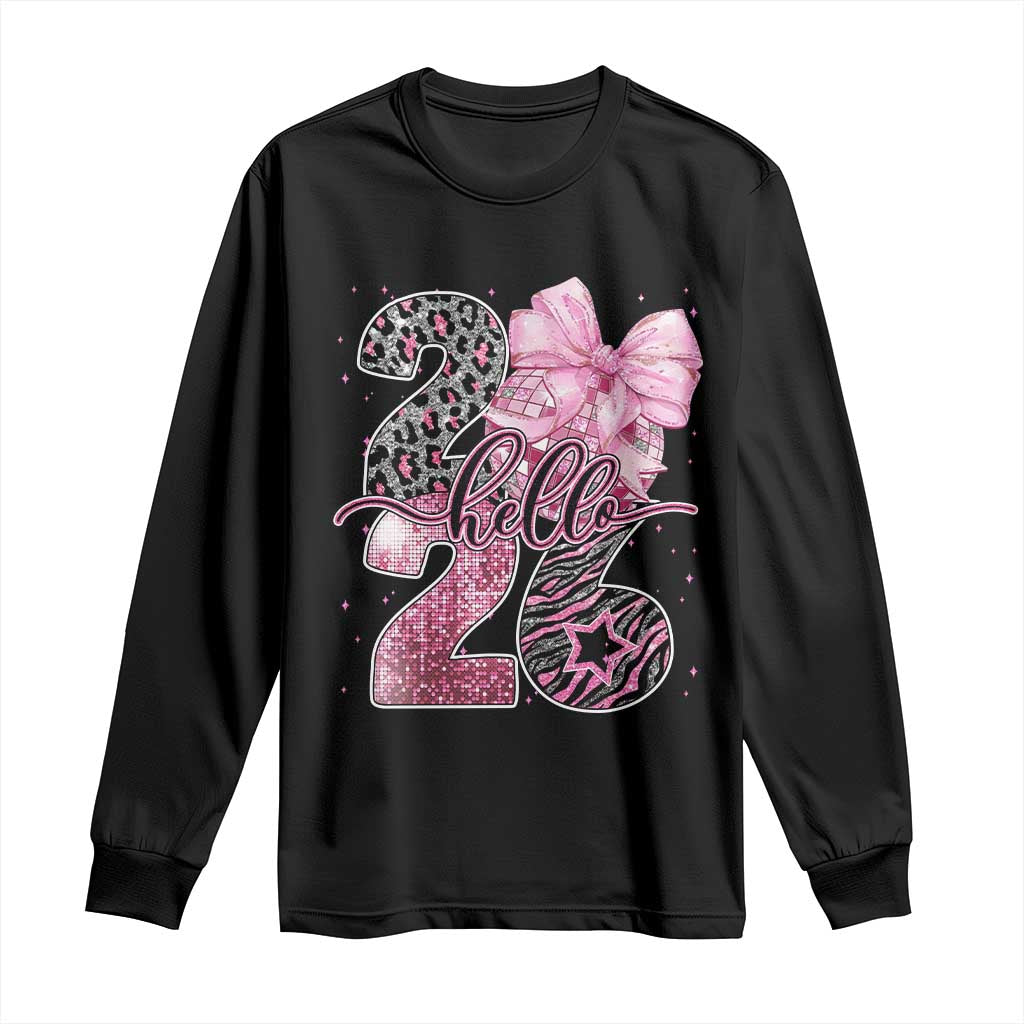 Happy New Year 2026 Long Sleeve Shirt Hello 2026 Disco Ball Pink Coquette Bow Faux Glitter - Wonder Print Shop