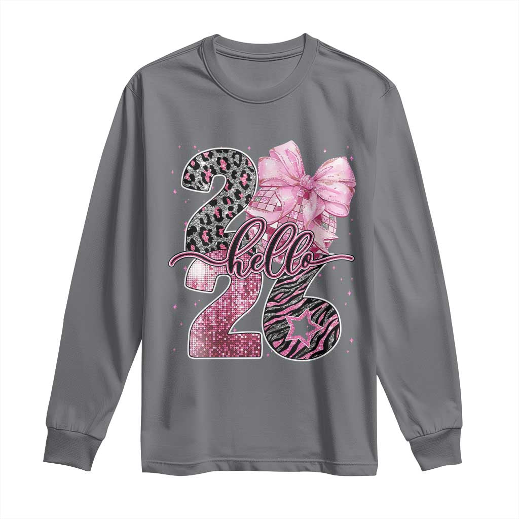 Happy New Year 2026 Long Sleeve Shirt Hello 2026 Disco Ball Pink Coquette Bow Faux Glitter - Wonder Print Shop