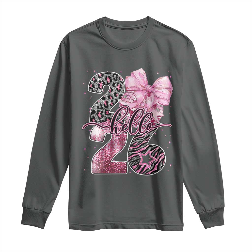 Happy New Year 2026 Long Sleeve Shirt Hello 2026 Disco Ball Pink Coquette Bow Faux Glitter - Wonder Print Shop