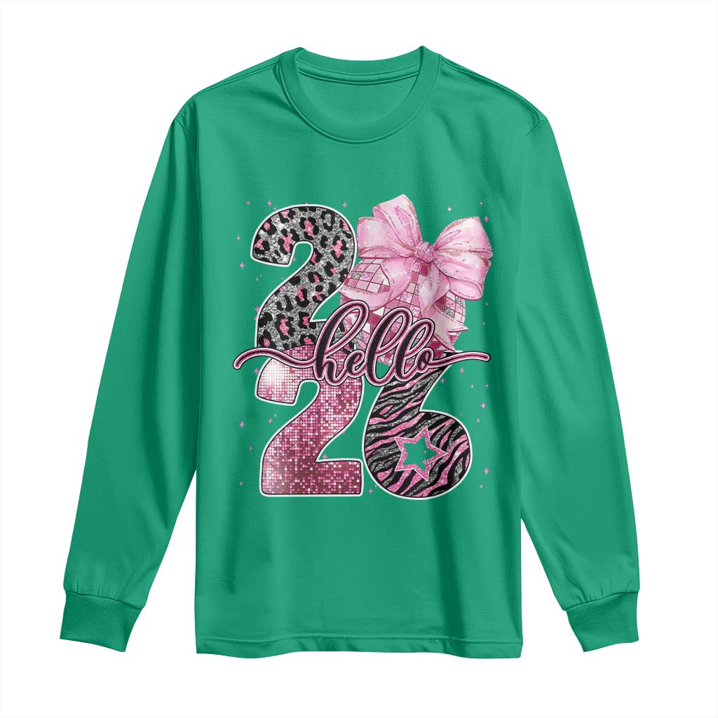 Happy New Year 2026 Long Sleeve Shirt Hello 2026 Disco Ball Pink Coquette Bow Faux Glitter - Wonder Print Shop