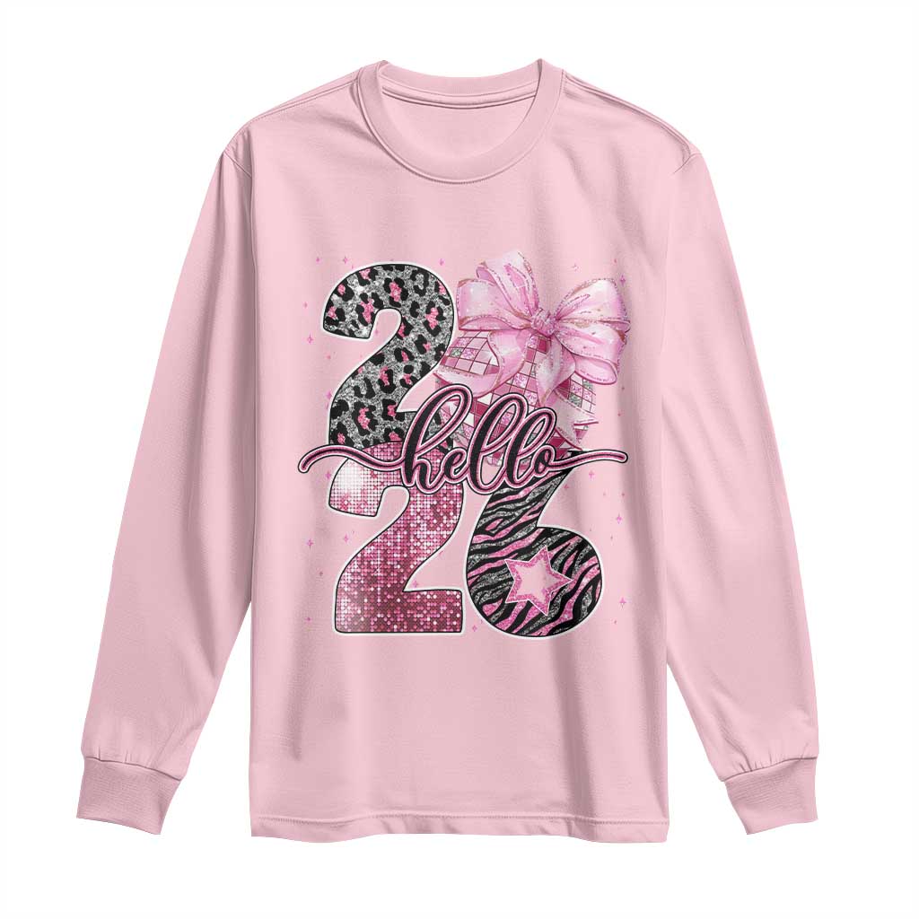 Happy New Year 2026 Long Sleeve Shirt Hello 2026 Disco Ball Pink Coquette Bow Faux Glitter - Wonder Print Shop