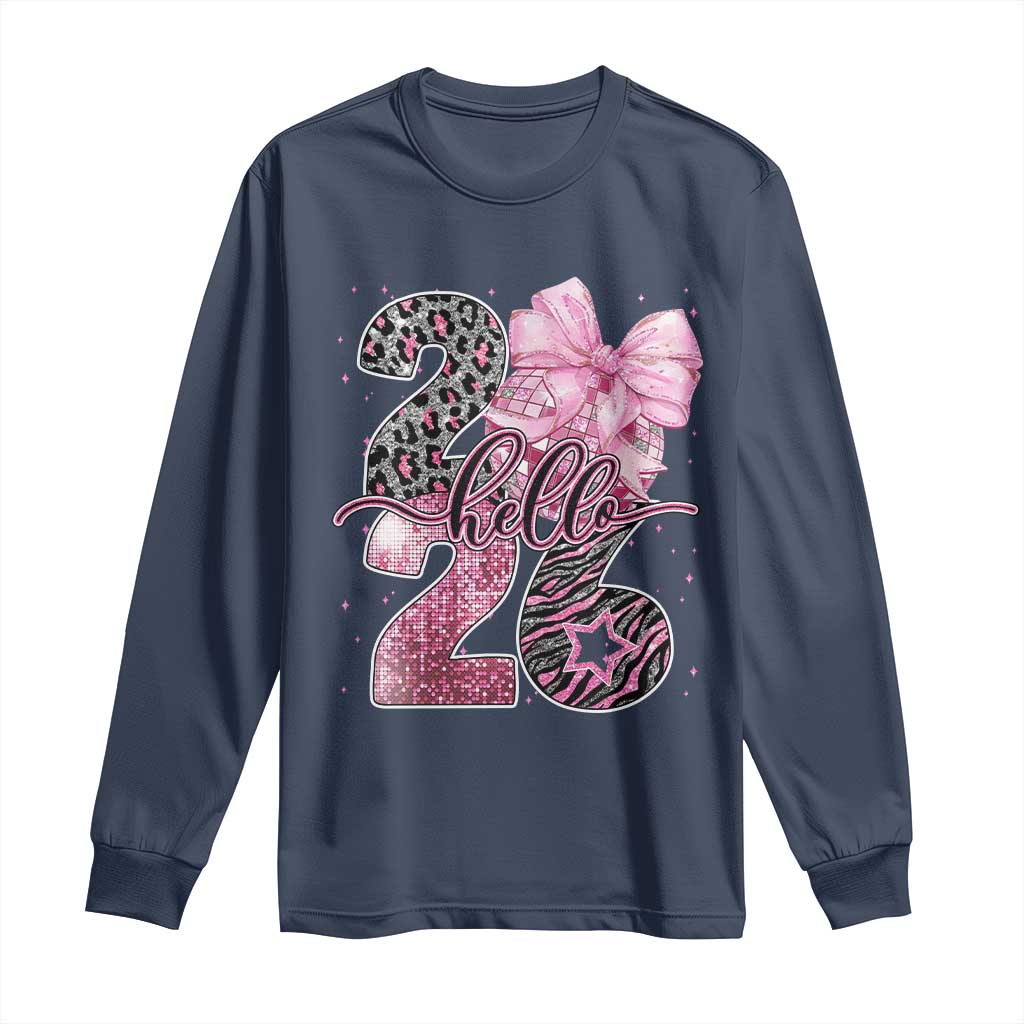 Happy New Year 2026 Long Sleeve Shirt Hello 2026 Disco Ball Pink Coquette Bow Faux Glitter - Wonder Print Shop
