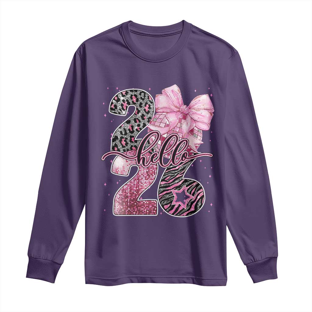 Happy New Year 2026 Long Sleeve Shirt Hello 2026 Disco Ball Pink Coquette Bow Faux Glitter - Wonder Print Shop