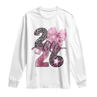 Happy New Year 2026 Long Sleeve Shirt Hello 2026 Disco Ball Pink Coquette Bow Faux Glitter - Wonder Print Shop