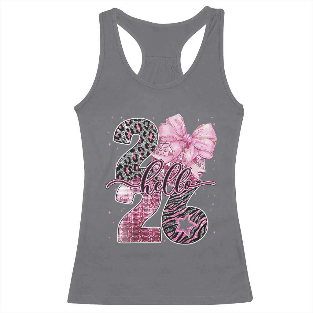 Happy New Year 2026 Racerback Tank Top Hello 2026 Disco Ball Pink Coquette Bow Faux Glitter - Wonder Print Shop
