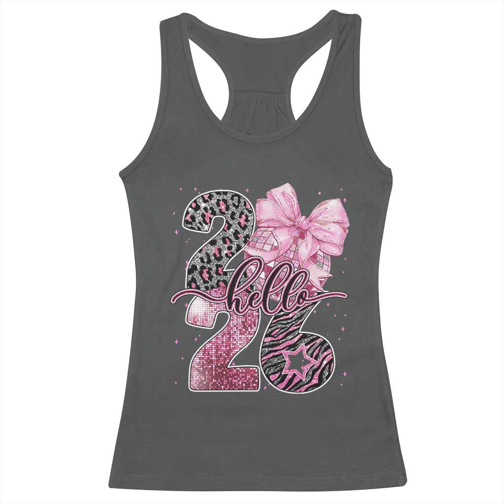Happy New Year 2026 Racerback Tank Top Hello 2026 Disco Ball Pink Coquette Bow Faux Glitter - Wonder Print Shop