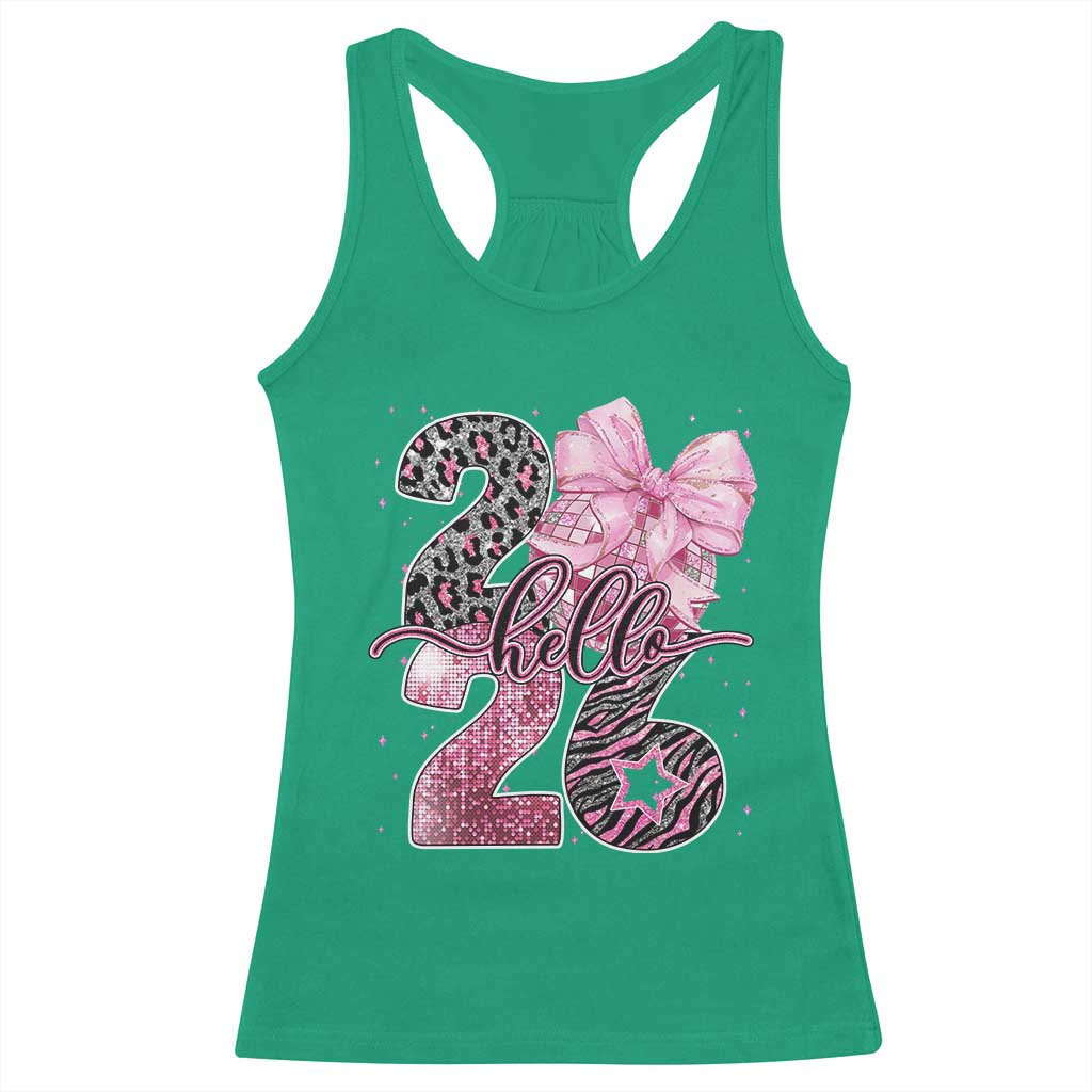 Happy New Year 2026 Racerback Tank Top Hello 2026 Disco Ball Pink Coquette Bow Faux Glitter - Wonder Print Shop