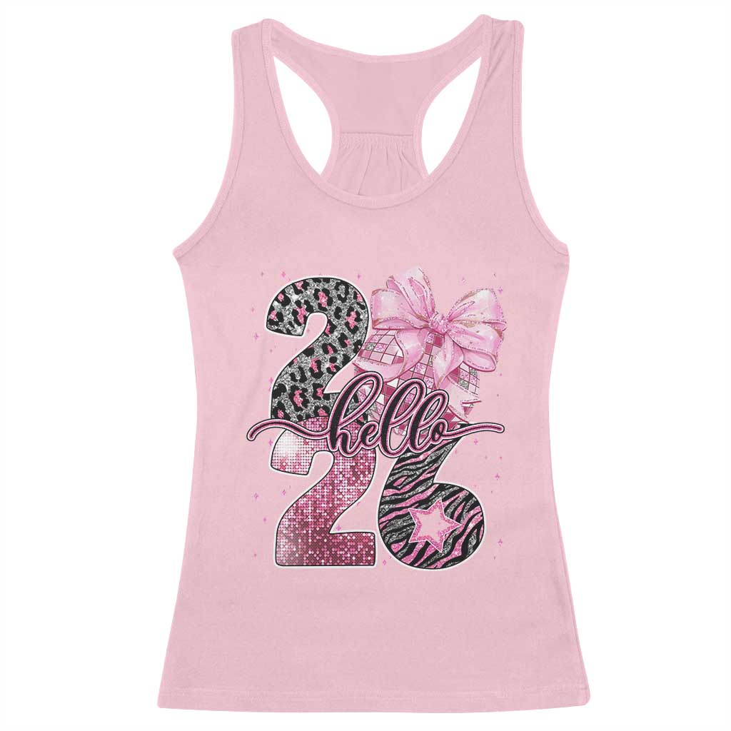 Happy New Year 2026 Racerback Tank Top Hello 2026 Disco Ball Pink Coquette Bow Faux Glitter - Wonder Print Shop