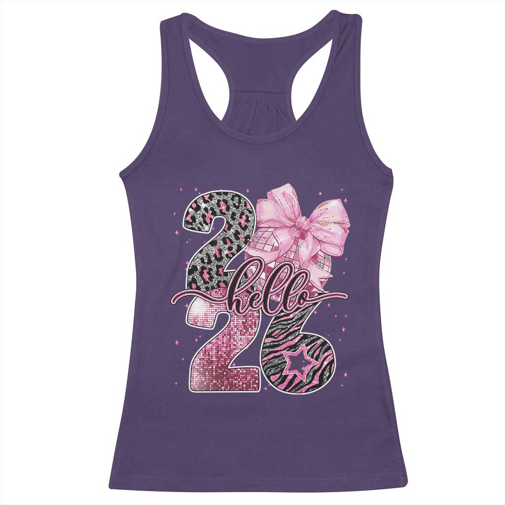 Happy New Year 2026 Racerback Tank Top Hello 2026 Disco Ball Pink Coquette Bow Faux Glitter - Wonder Print Shop
