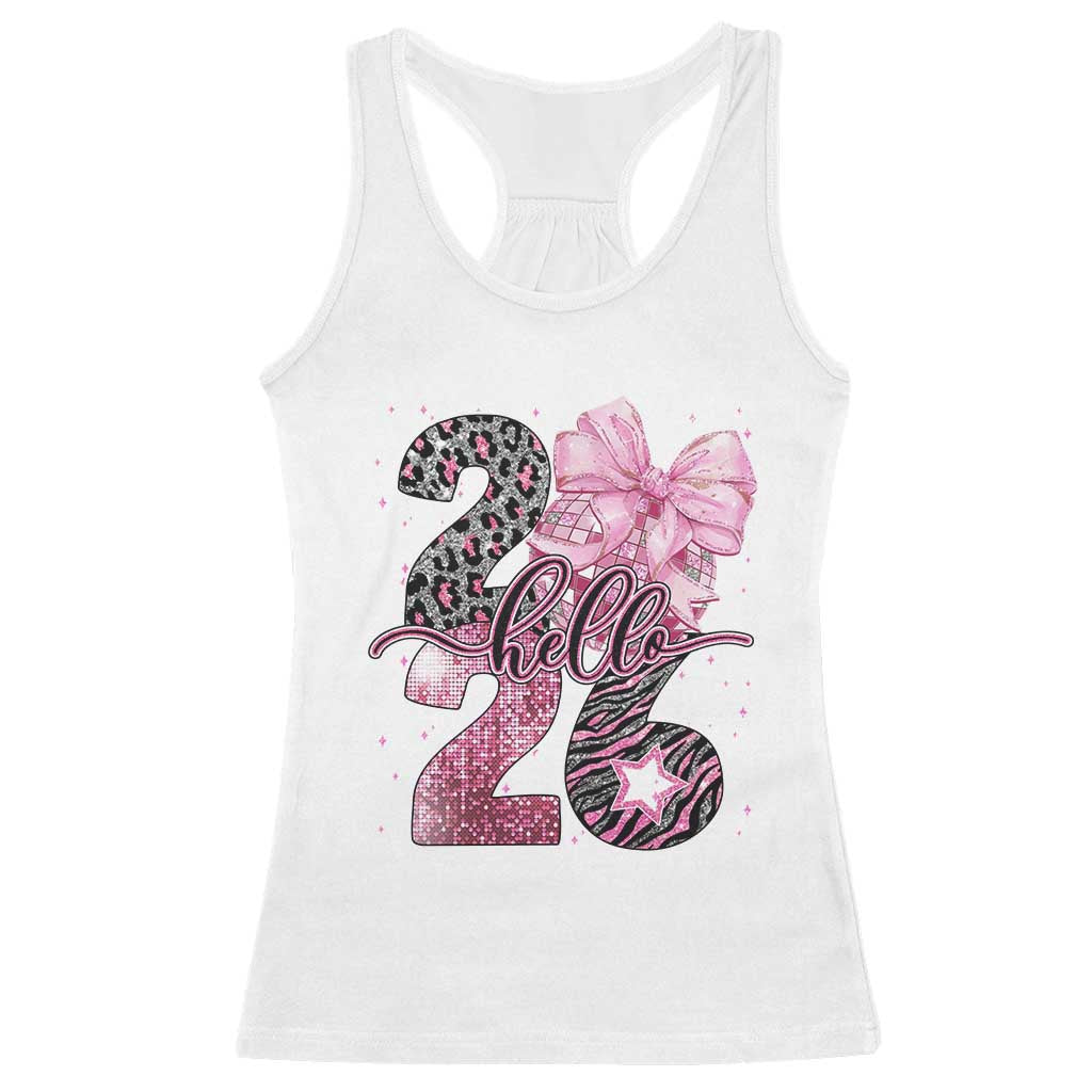 Happy New Year 2026 Racerback Tank Top Hello 2026 Disco Ball Pink Coquette Bow Faux Glitter - Wonder Print Shop
