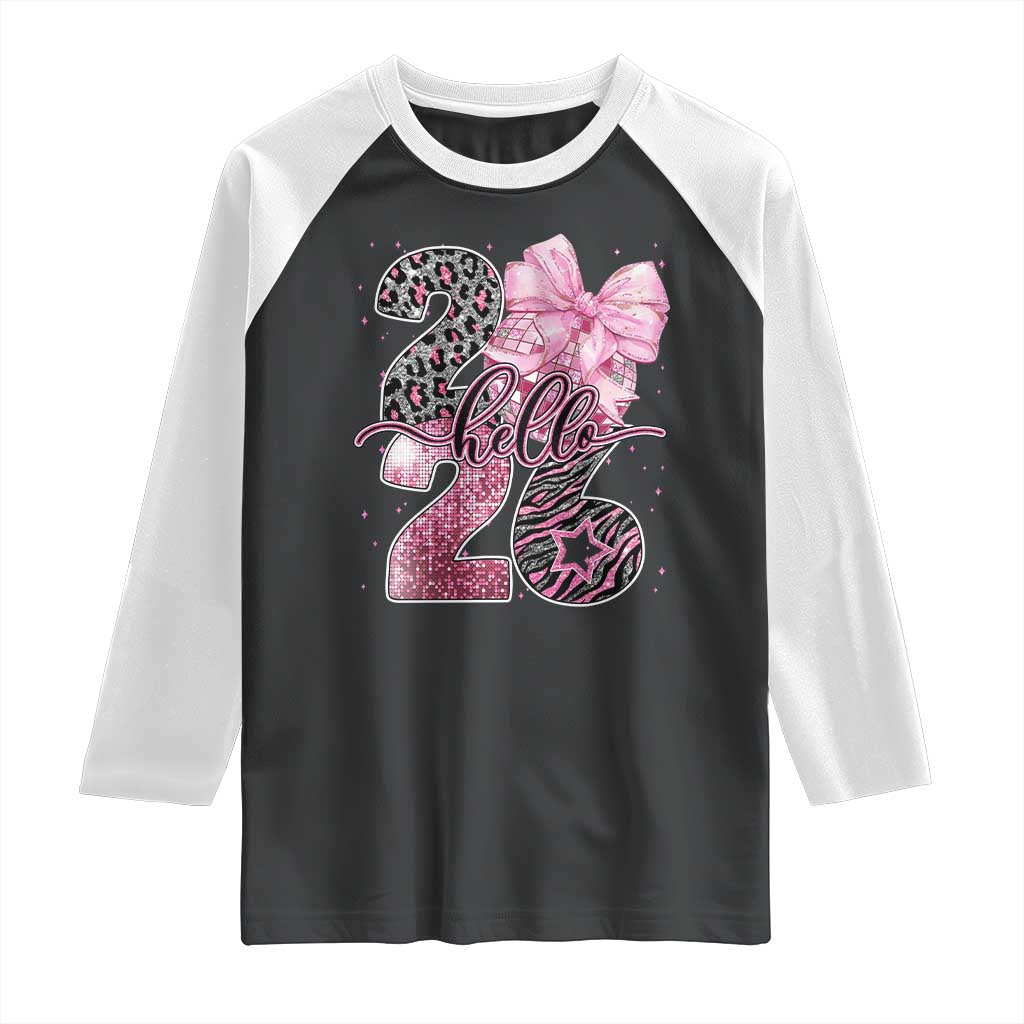Happy New Year 2026 Raglan Shirt Hello 2026 Disco Ball Pink Coquette Bow Faux Glitter - Wonder Print Shop