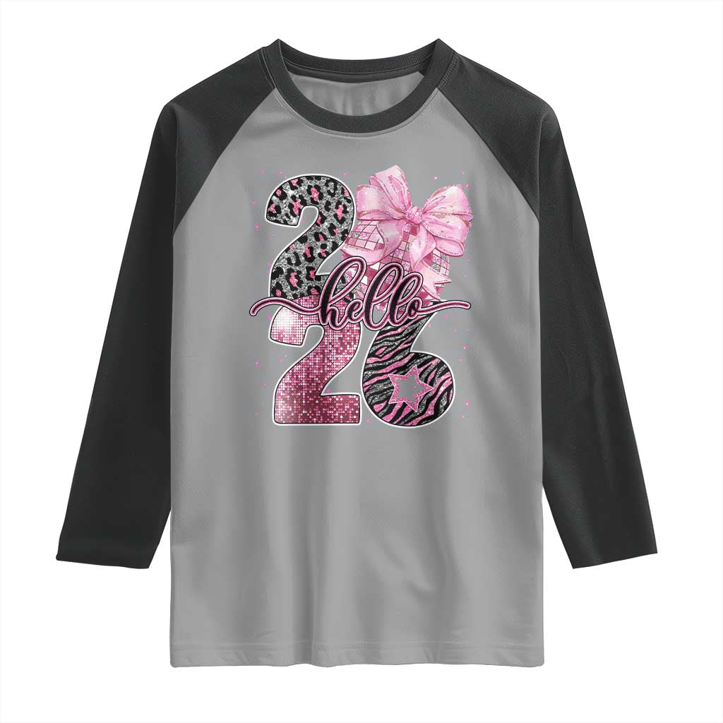 Happy New Year 2026 Raglan Shirt Hello 2026 Disco Ball Pink Coquette Bow Faux Glitter - Wonder Print Shop