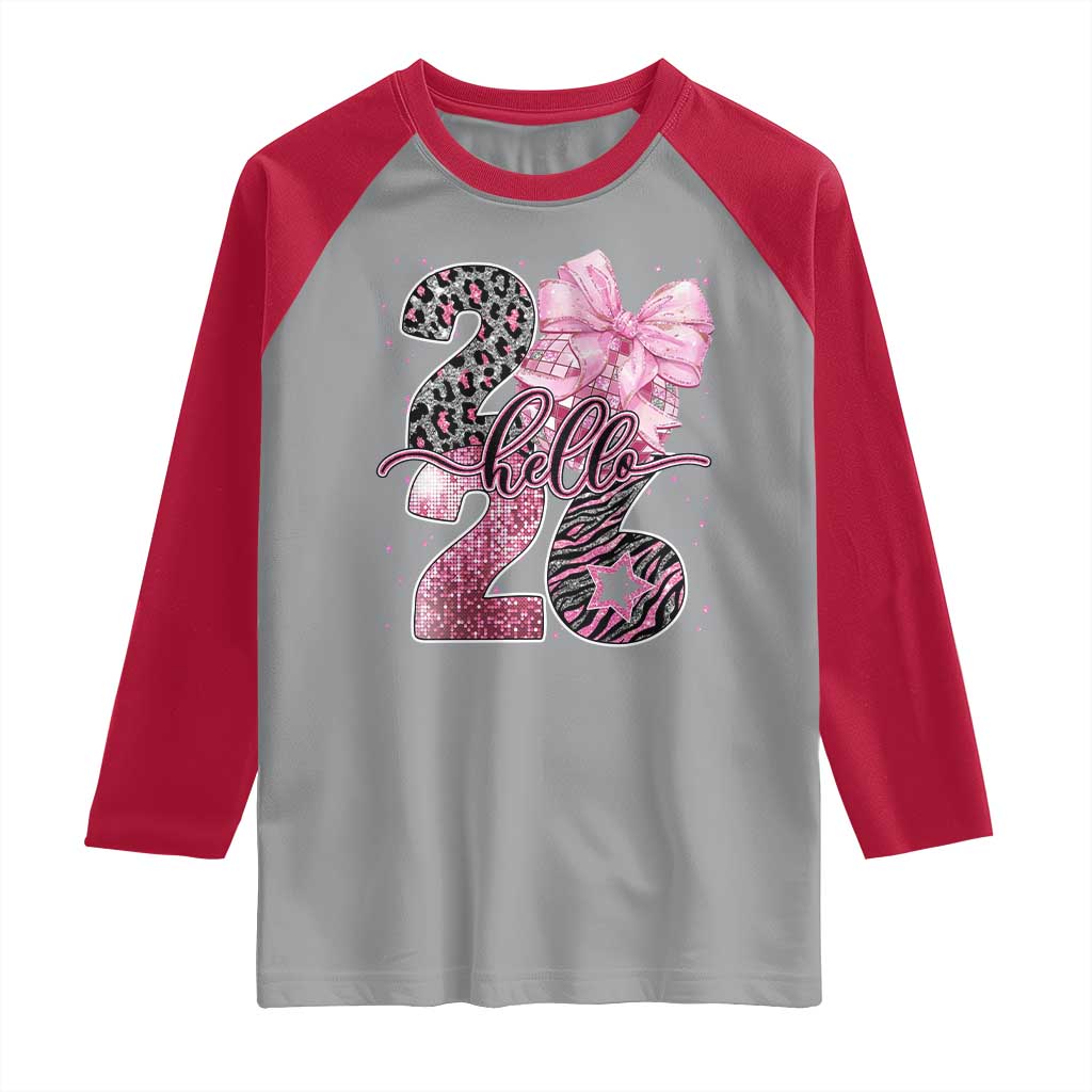 Happy New Year 2026 Raglan Shirt Hello 2026 Disco Ball Pink Coquette Bow Faux Glitter - Wonder Print Shop