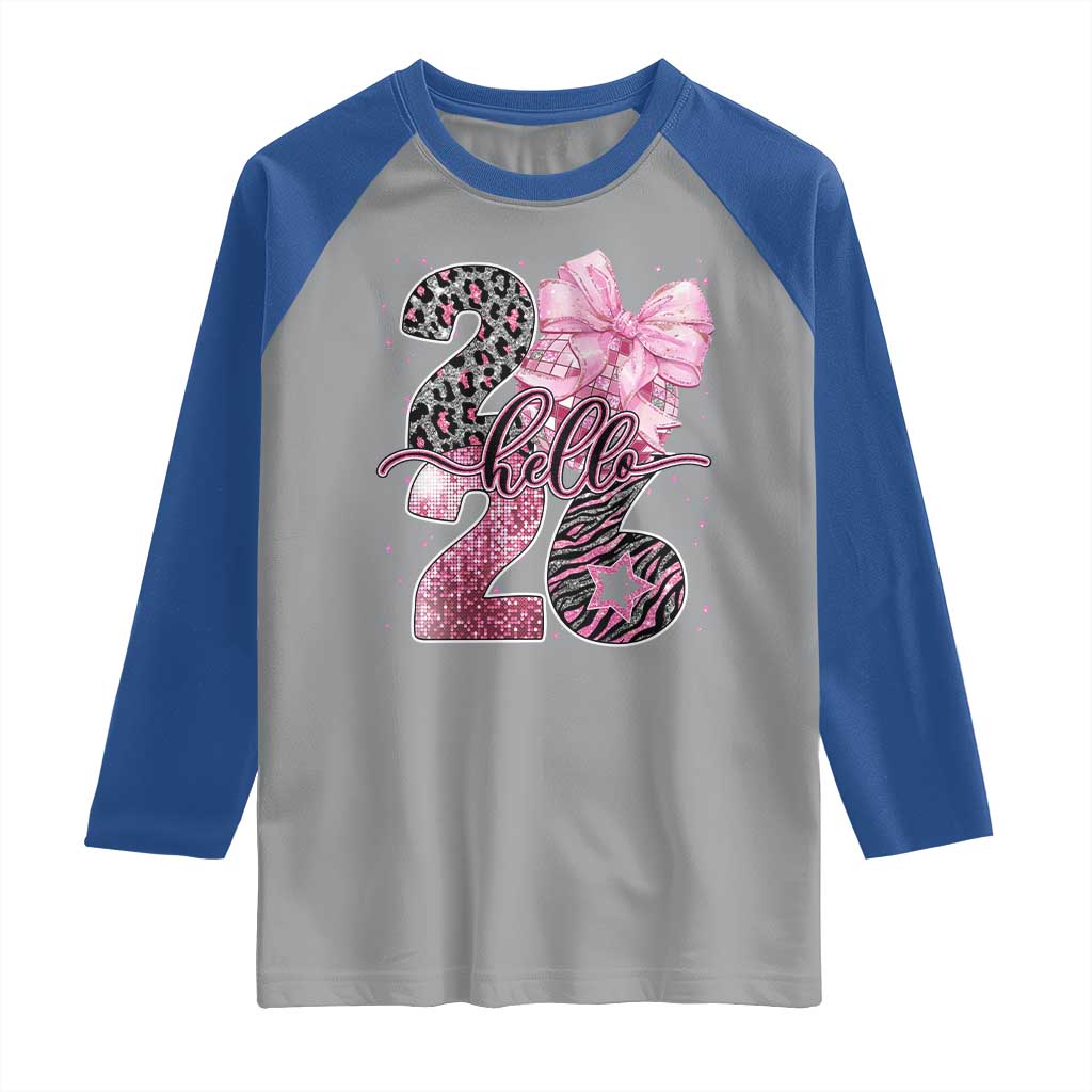 Happy New Year 2026 Raglan Shirt Hello 2026 Disco Ball Pink Coquette Bow Faux Glitter - Wonder Print Shop
