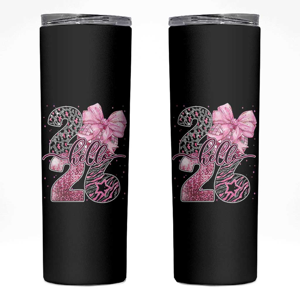 Happy New Year 2026 Skinny Tumbler Hello 2026 Disco Ball Pink Coquette Bow Faux Glitter - Wonder Print Shop