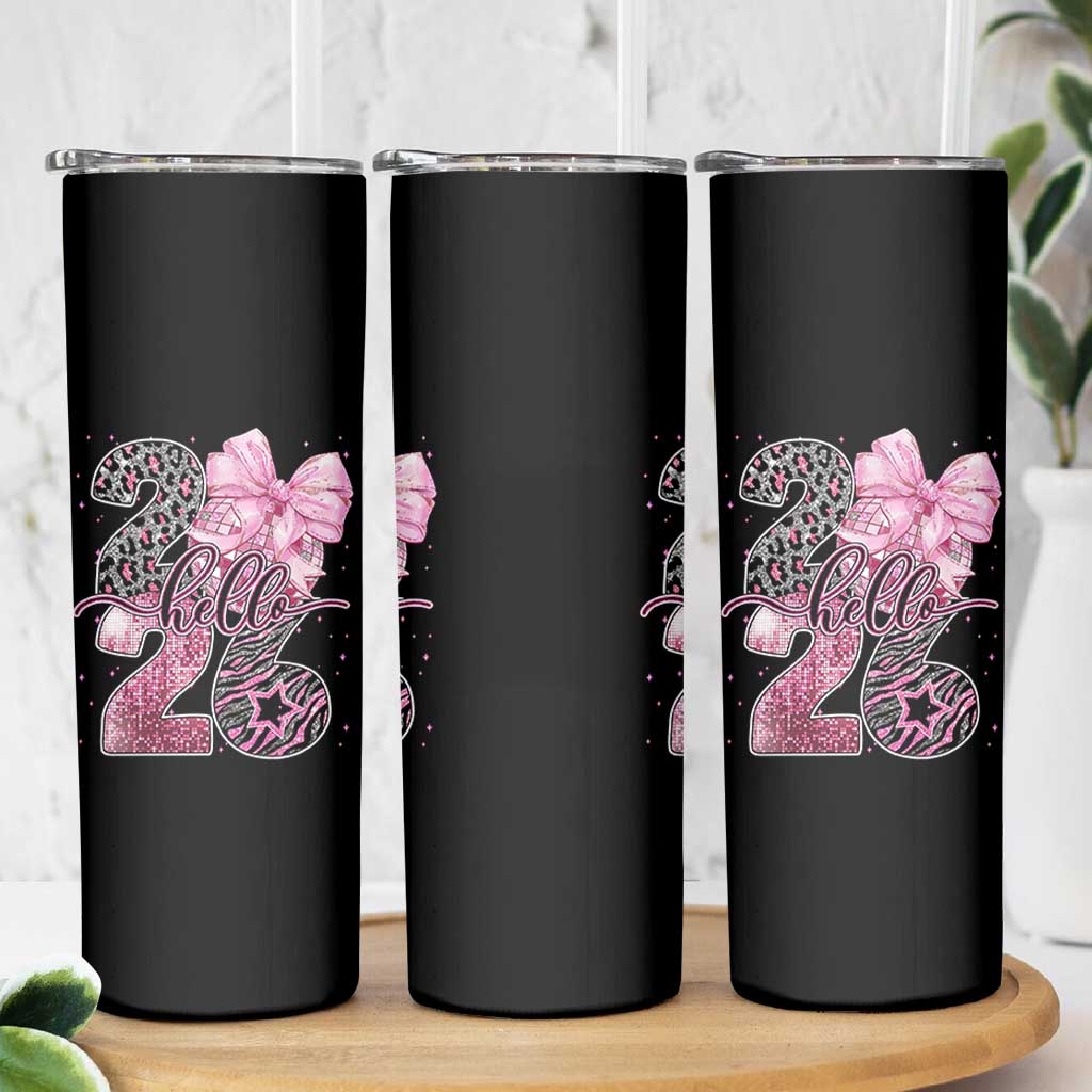 Happy New Year 2026 Skinny Tumbler Hello 2026 Disco Ball Pink Coquette Bow Faux Glitter - Wonder Print Shop
