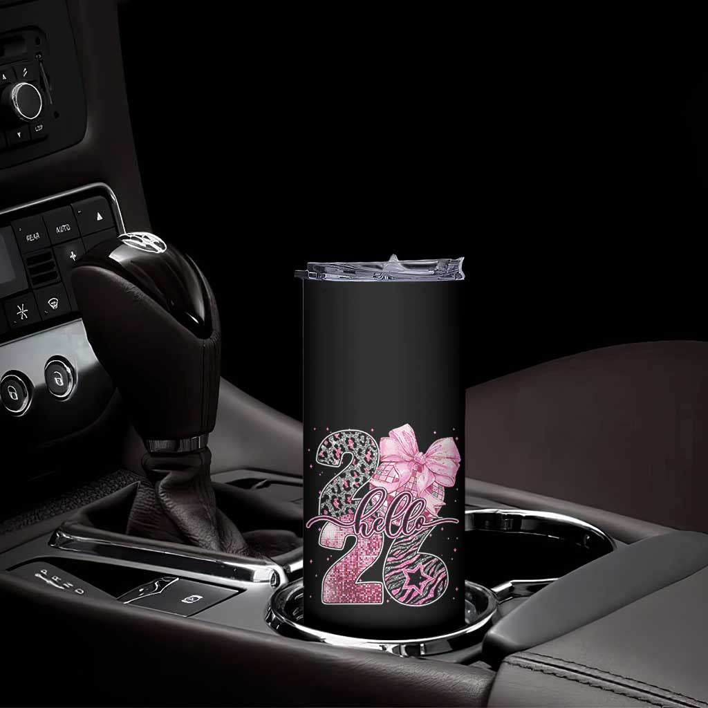 Happy New Year 2026 Skinny Tumbler Hello 2026 Disco Ball Pink Coquette Bow Faux Glitter - Wonder Print Shop