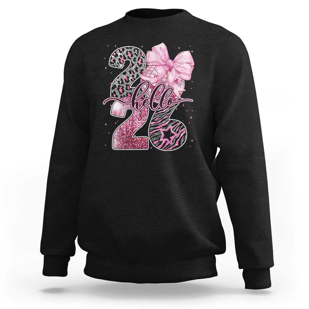 Happy New Year 2026 Sweatshirt Hello 2026 Disco Ball Pink Coquette Bow Faux Glitter - Wonder Print Shop