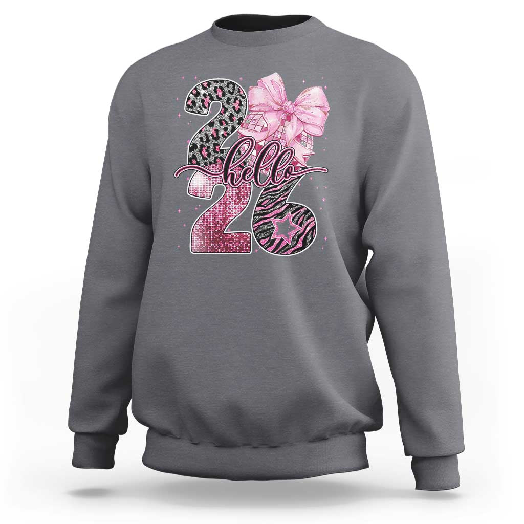 Happy New Year 2026 Sweatshirt Hello 2026 Disco Ball Pink Coquette Bow Faux Glitter - Wonder Print Shop