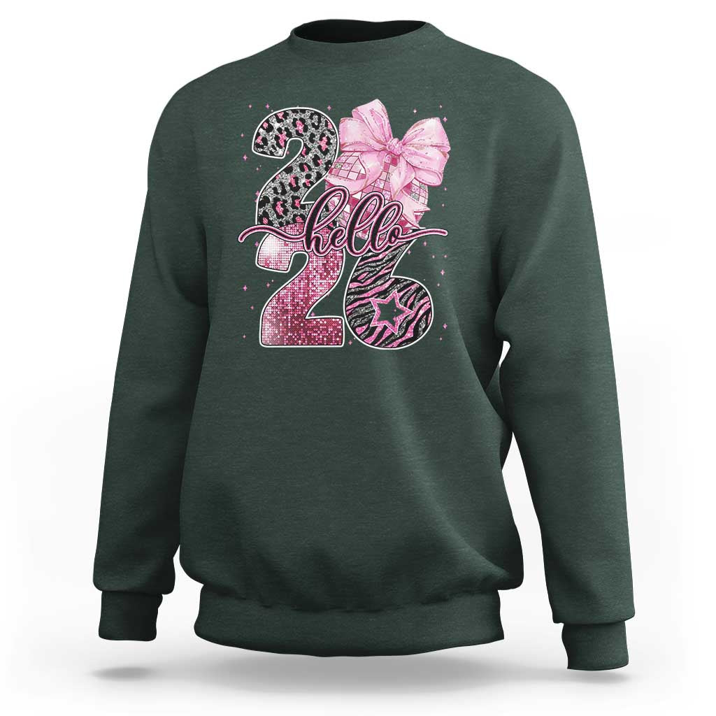 Happy New Year 2026 Sweatshirt Hello 2026 Disco Ball Pink Coquette Bow Faux Glitter - Wonder Print Shop