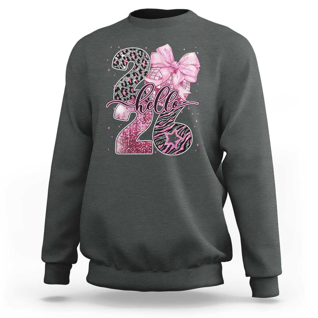 Happy New Year 2026 Sweatshirt Hello 2026 Disco Ball Pink Coquette Bow Faux Glitter - Wonder Print Shop